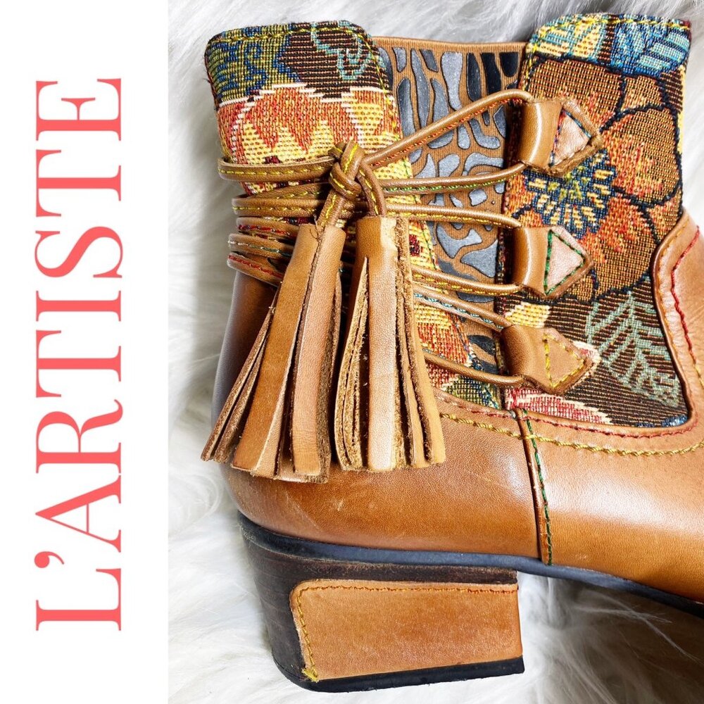 L’ARTISTE‎ LEATHER ANKLE TAPESTRY BOOTIE TASSEL UNIQUE ARTISTIC BOHO, WOMEN’s 40 - Picture 3 of 16